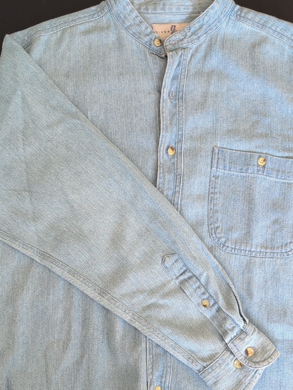 River Trader Vintage Light Blue Denim 100% Cotton Shirt With Band Collar